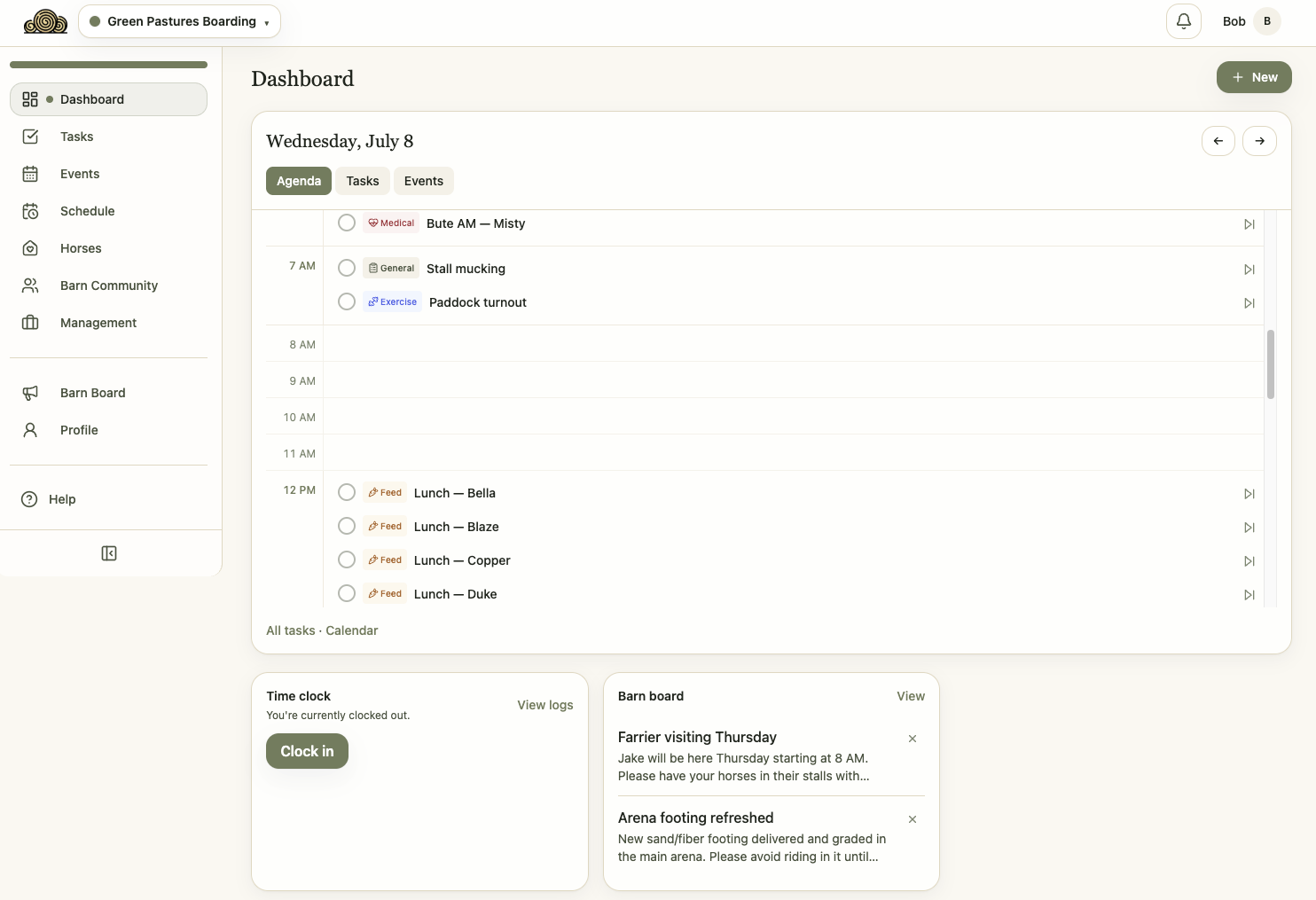 Hay dashboard showing daily barn tasks and horse care schedule